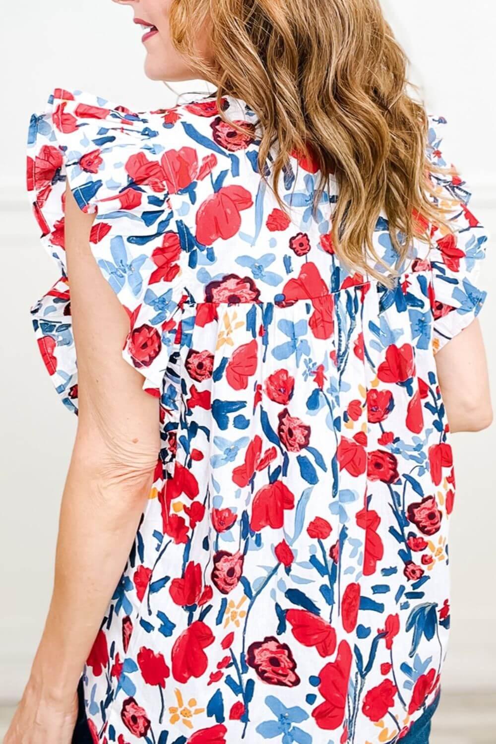 Ruffled Printed V-Neck Cap Sleeve Blouse