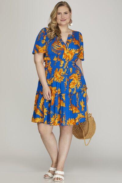 She + Sky Full Size Printed Notched Short Sleeve Frill Tiered Dress Plus Size - Clothes For Her Online Store