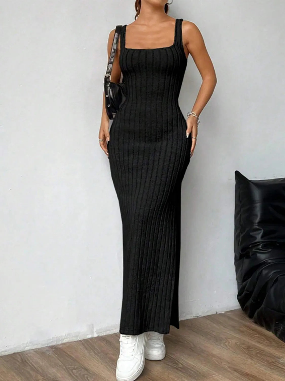 Cutout Square Neck Wide Strap Knit Dress