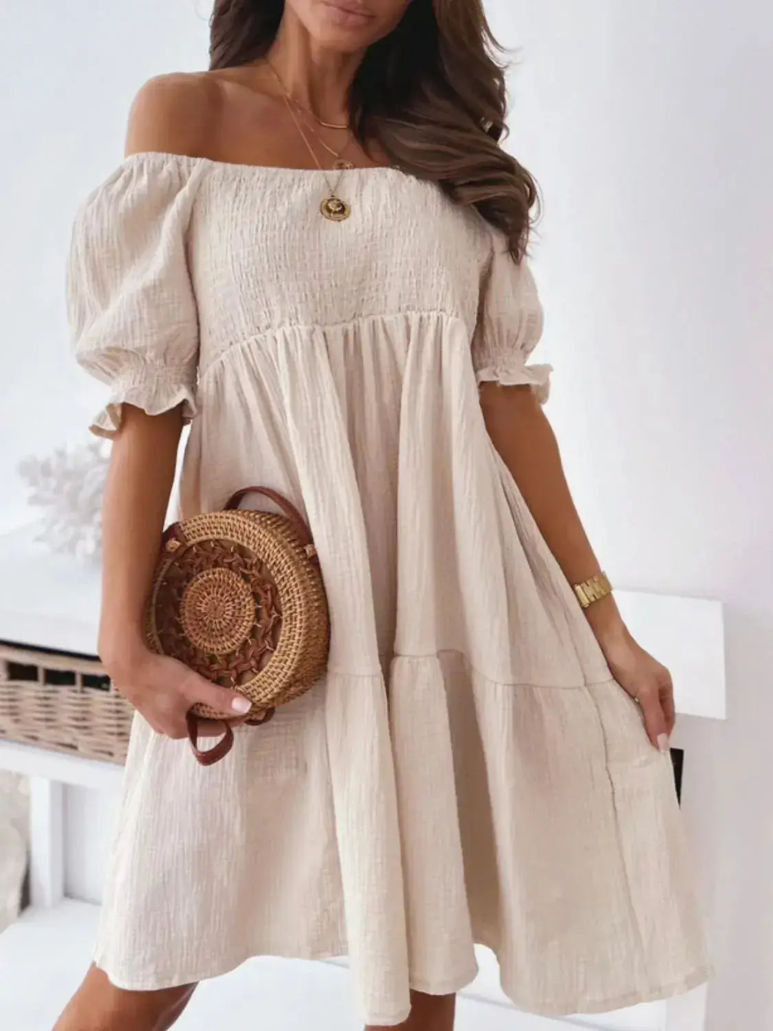 Smocked Off-Shoulder Mini Dress