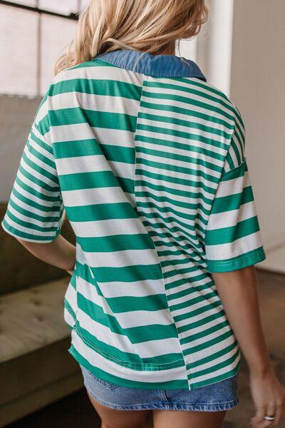 Stripe Colorblock Collar Half Button Shirt