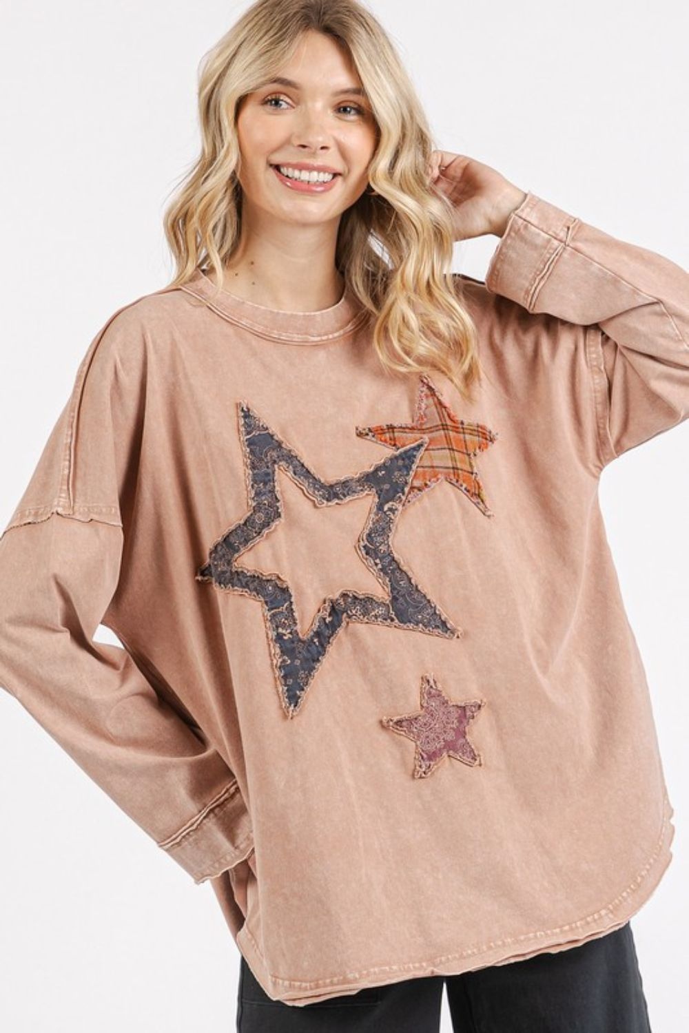 Mittoshop Mineral Wash Star Patch Long Sleeve T-Shirt - Clothes For Her Online Store