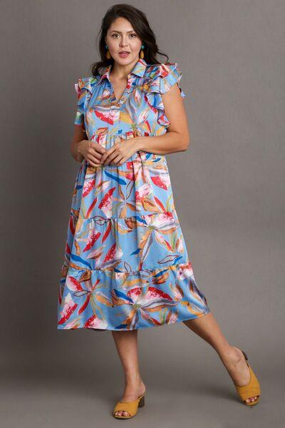 Umgee Full Size Leaf Print Double Layered Ruffle Sleeve Tiered Midi Dress Plus Size