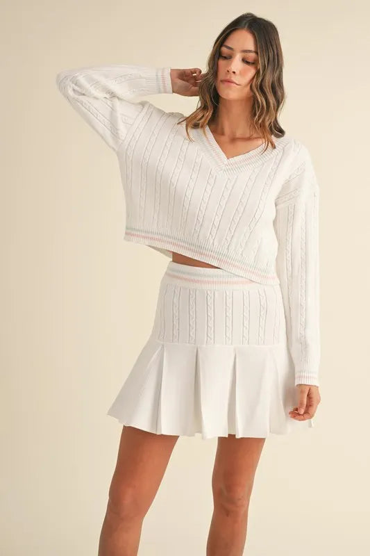 MABLE V-Neck Varsity Crop Knit Sweater and Skirt Set - Clothes For Her Online Store