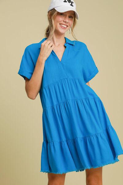 Umgee Full Size Raw Hem Folded Sleeve Tiered Dress Plus Size