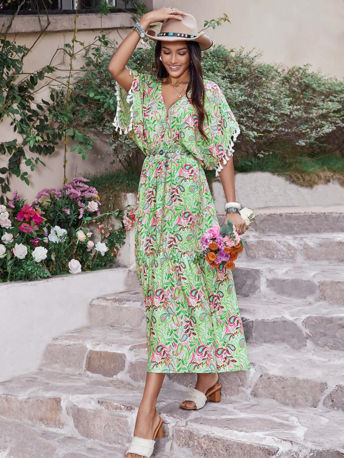 Smocked Floral V-Neck Short Sleeve Dress - Clothes For Her Online Store