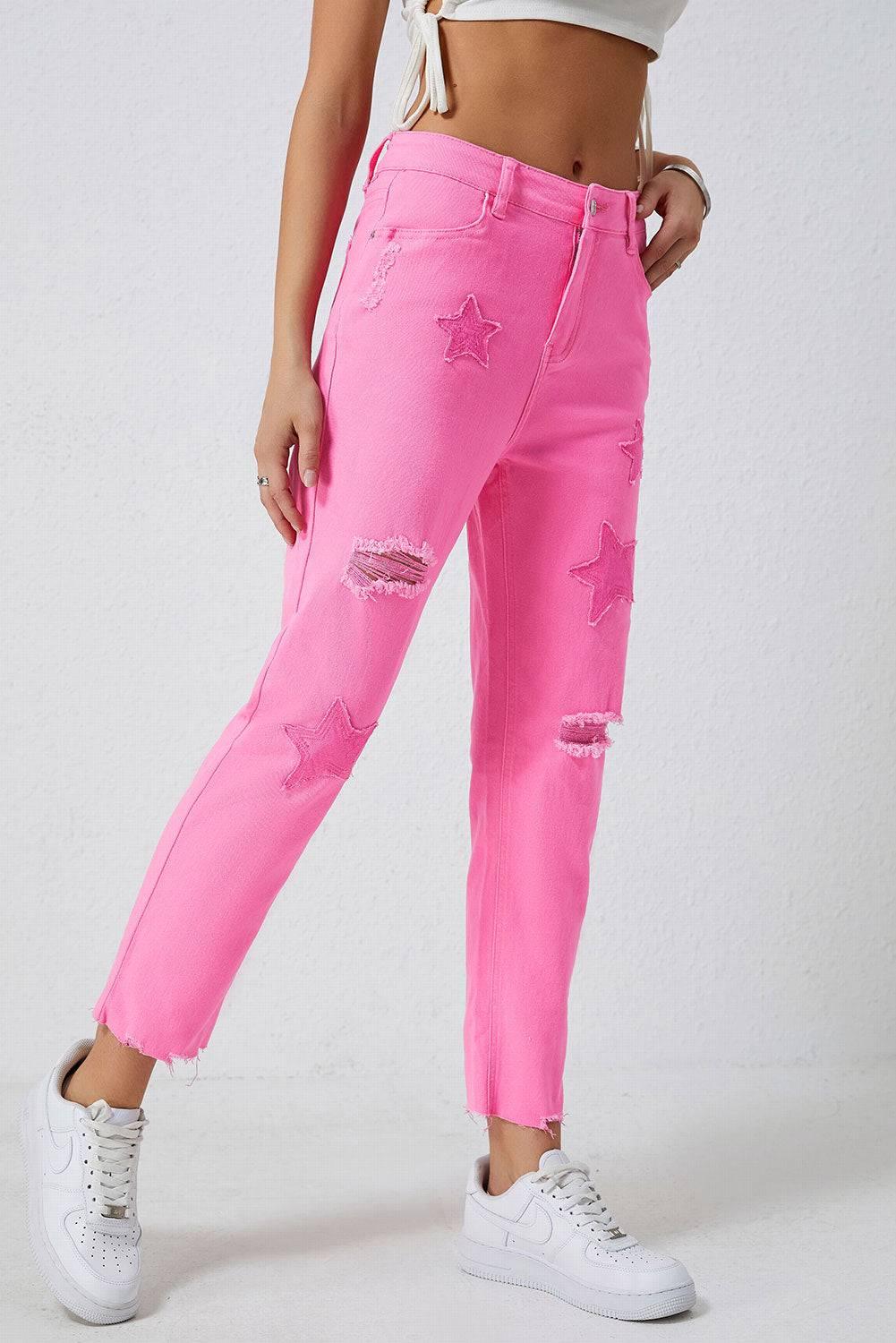 Star Raw Hem Distressed Jeans - Clothes For Her Online Store