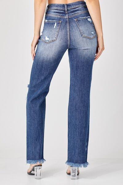 Risen Full Size Raw Hem Distressed Straight Jeans - Clothes For Her Online Store
