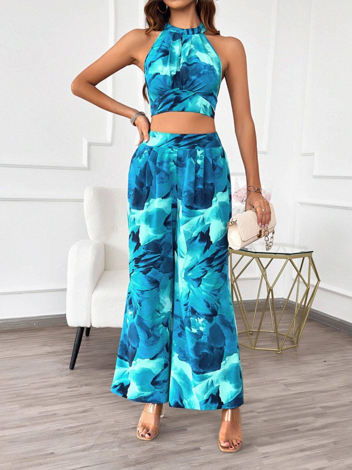 Devine Printed Halter Neck Top and Pants Set