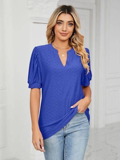 Florira Eyelet Notched Short Sleeve T-Shirt