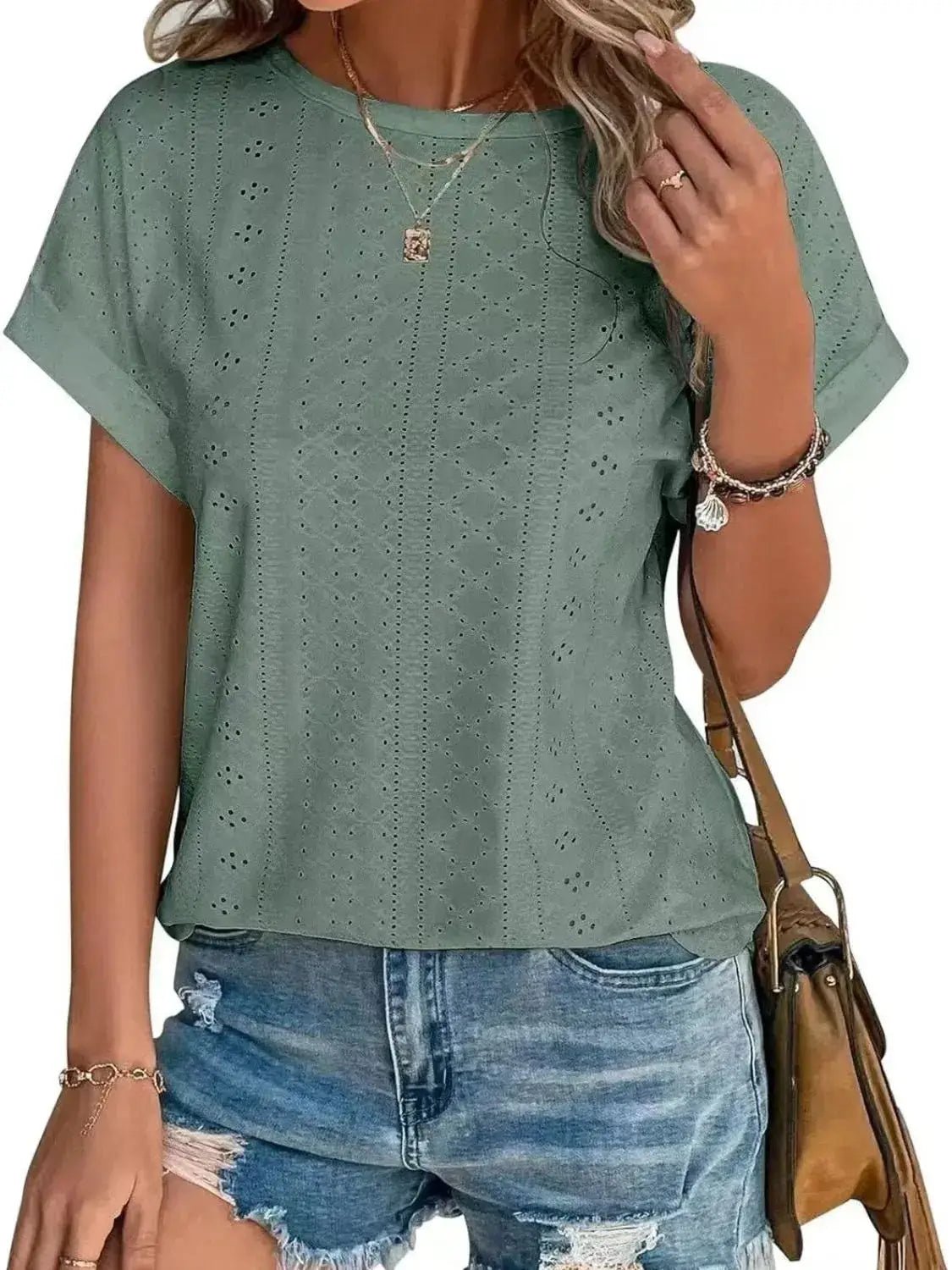 Eyelet Round Neck Short Sleeve T-Shirt - Clothes For Her Online Store