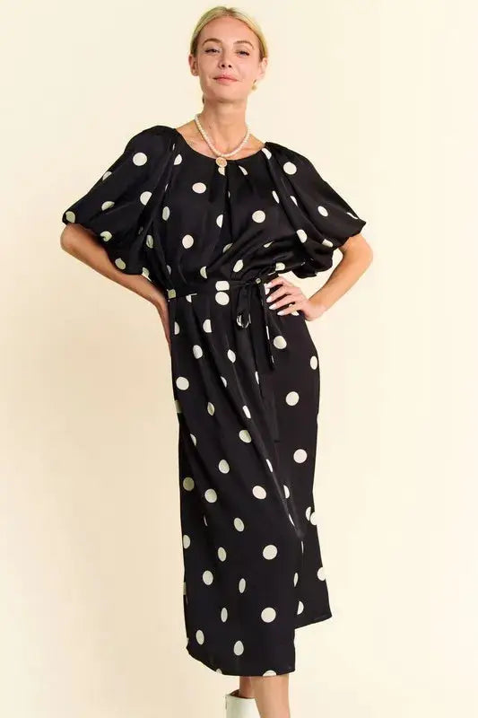 Davi & Dani Polka Dot Puff Sleeves Waist Tie Midi Dress - Clothes For Her Online Store