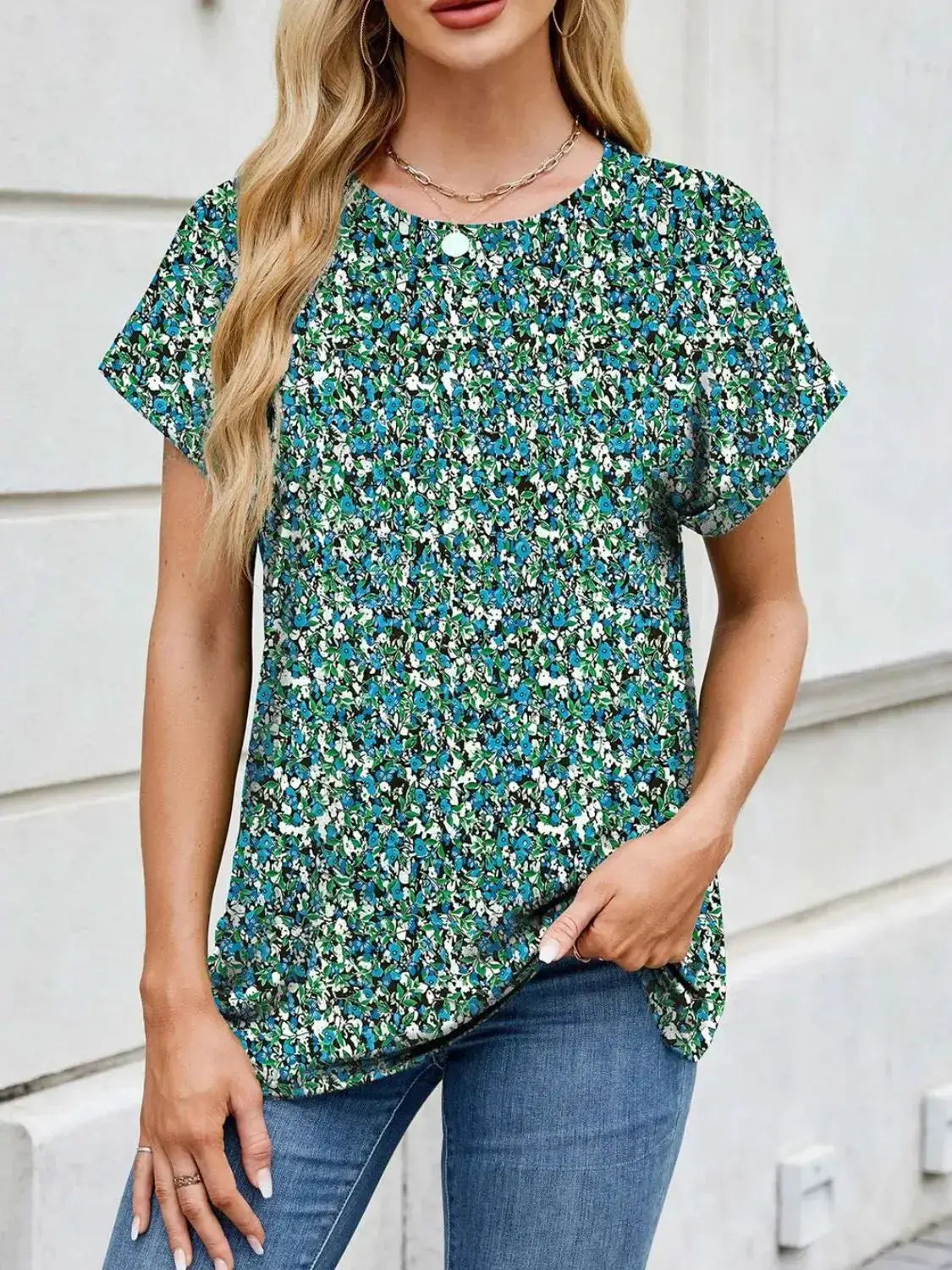 Printed Round Neck Short Sleeve Top - Clothes For Her Online Store