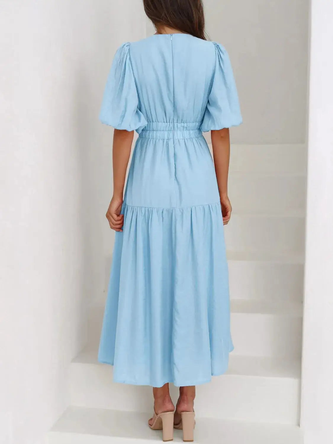 V-Neck Puff Sleeve Midi Dress - Clothes For Her Online Store