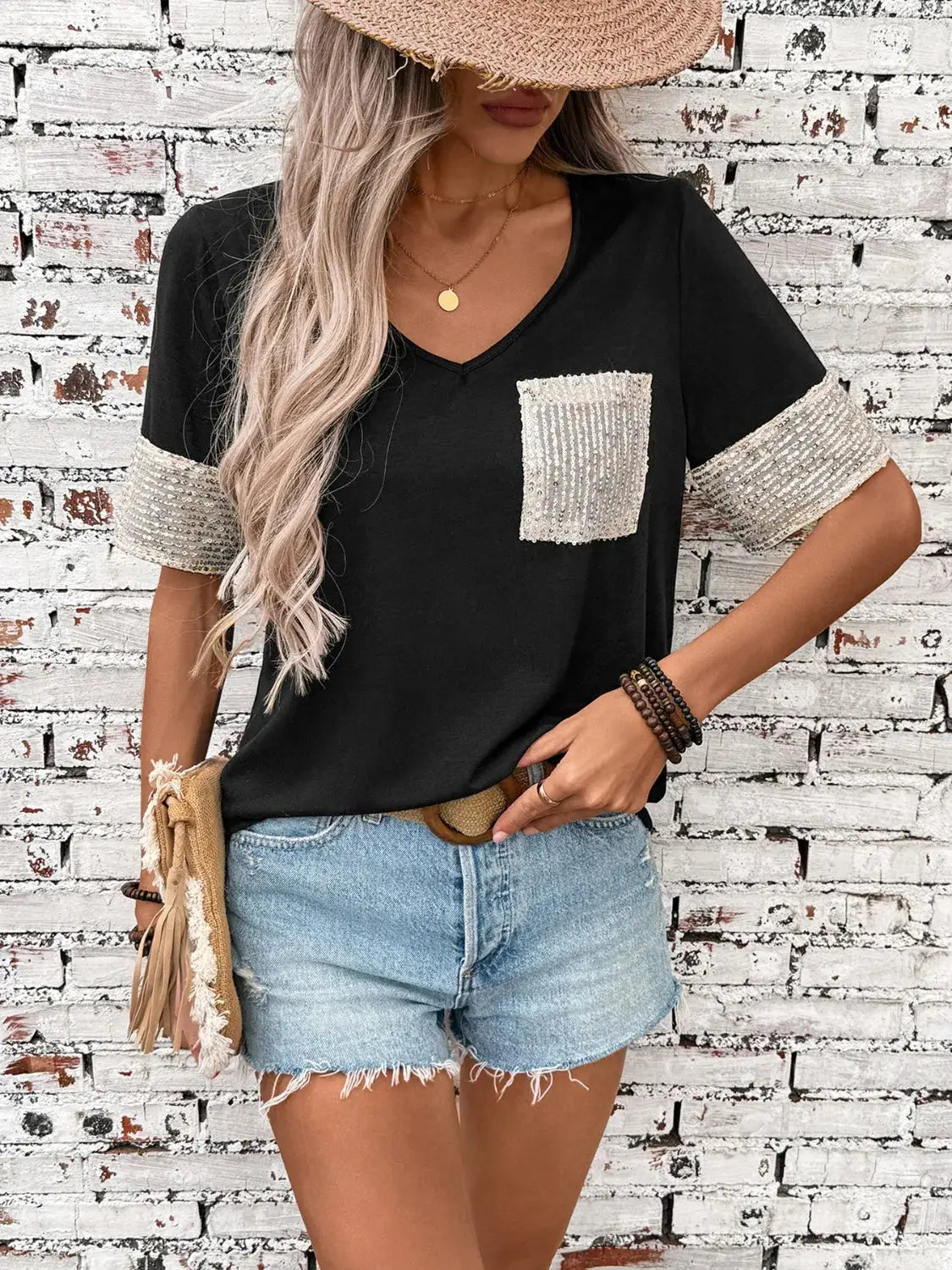 Sequin V-Neck Short Sleeve T-Shirt - Clothes For Her Online Store
