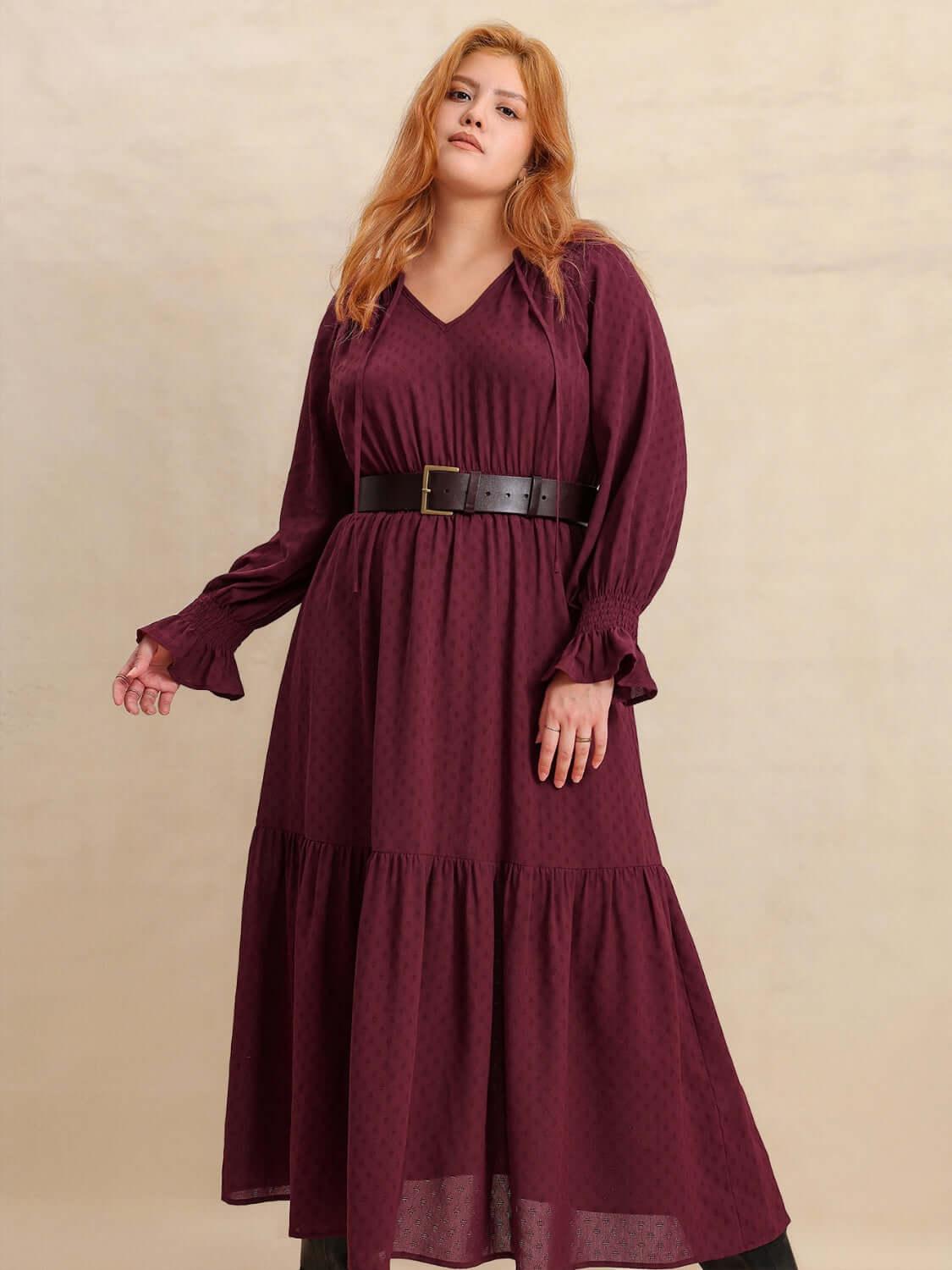 Plus Size Swiss Dot Tie Neck Flounce Sleeve Maxi Dress