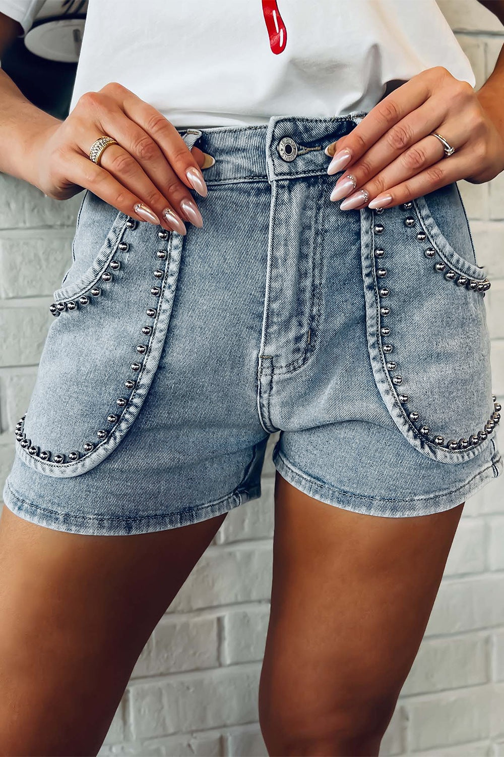 Studded Acid Wash Denim Shorts