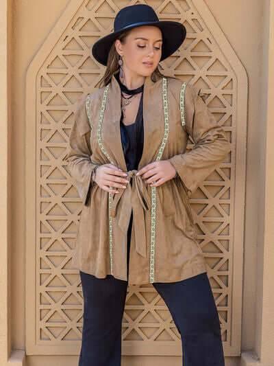 Plus Size Long Sleeve Tie Waist Cardigan - Clothes For Her Online Store