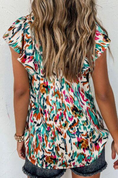 Abstract Print Ruffle Sleeve Blouse