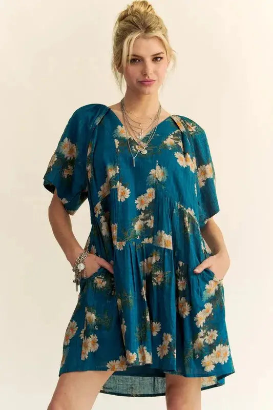 Davi & Dani Floral Print Short Bell Sleeve Pleated Mini Dress - Clothes For Her Online Store