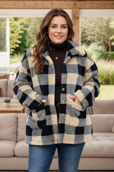 Plus Size Plaid Button Up Long Sleeve Coat - Clothes For Her Online Store