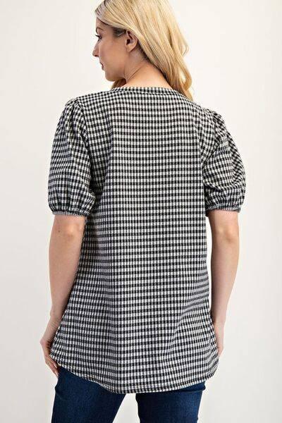 Celeste Full Size Gingham Print Top With Puff Sleeves Plus Size