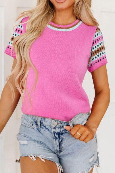 Contrast Short Sleeves Round Neck Sweater