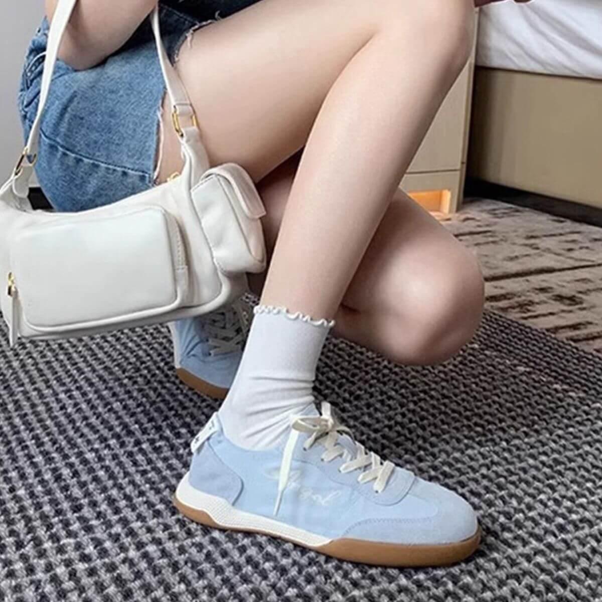 Lace Up Contrast Round Toe Flats Sneakers - Clothes For Her Online Store