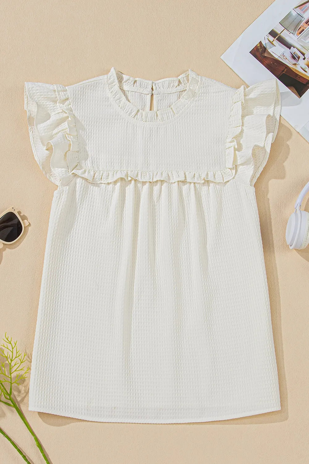 Solid Color Ruffle Trim Waffle Knit Blouse