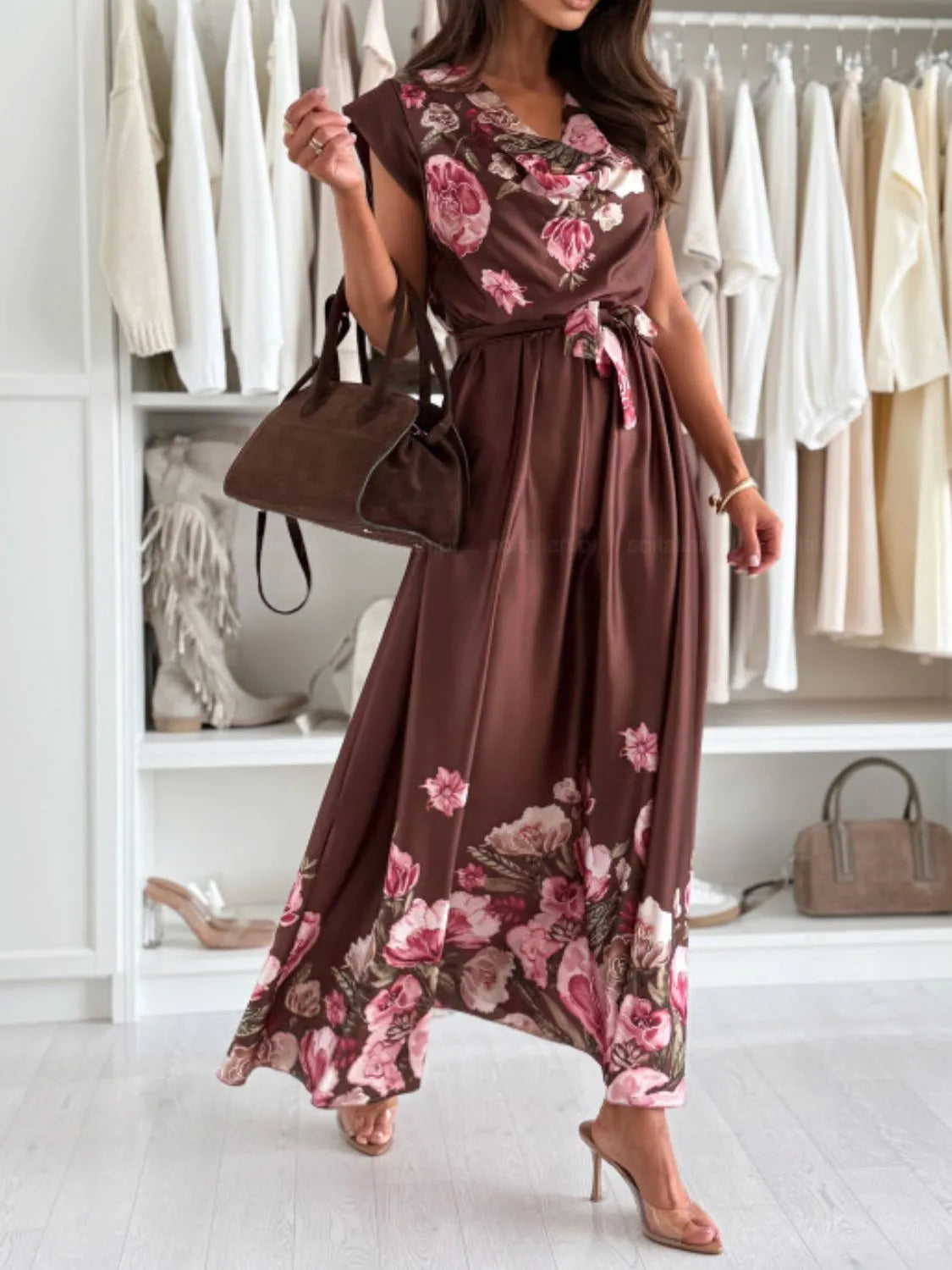 Tie Waist Floral Cap Sleeve Dress