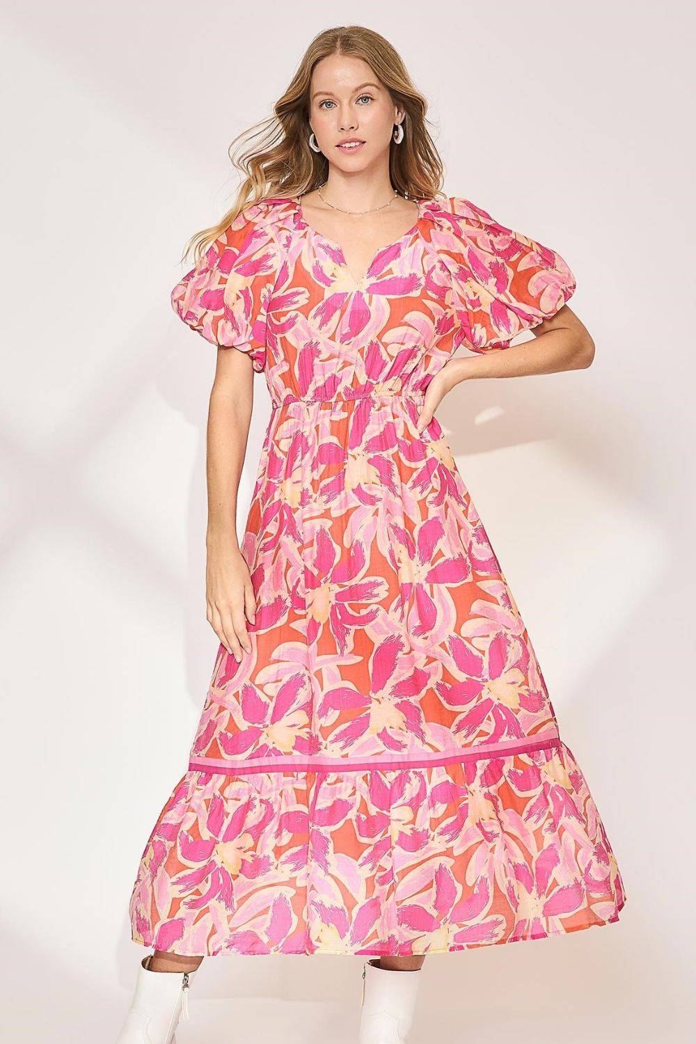 Umgee Floral Notched Puff Sleeve Midi Dress - Clothes For Her Online Store