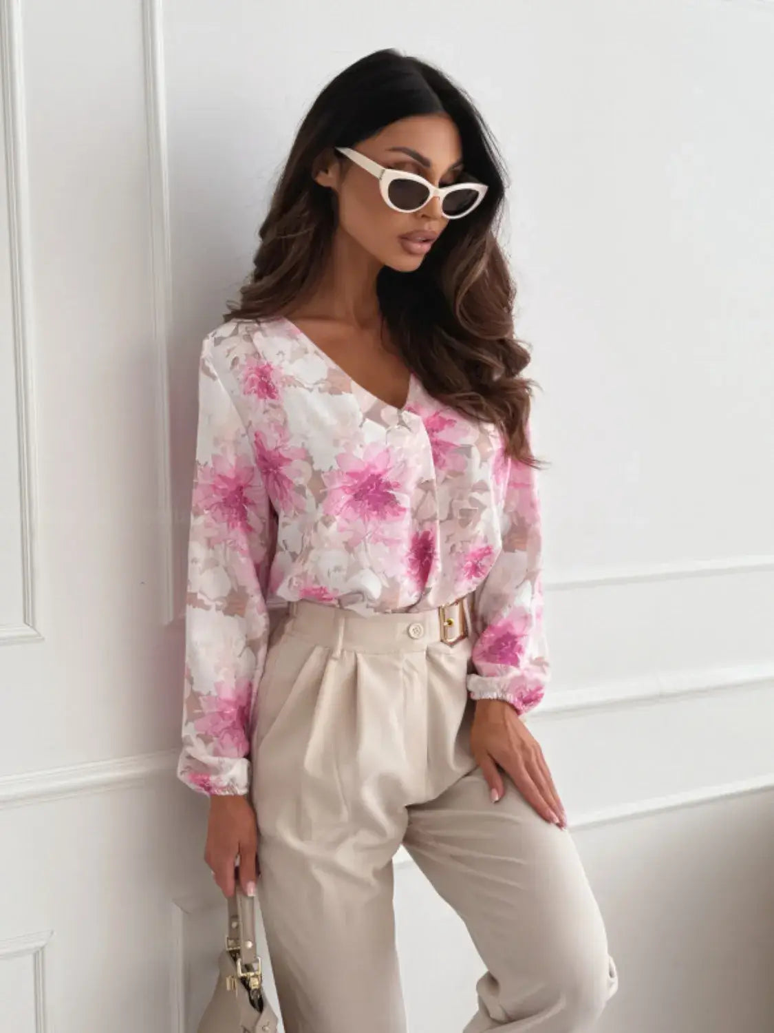 Floral V-Neck Long Sleeve Blouse