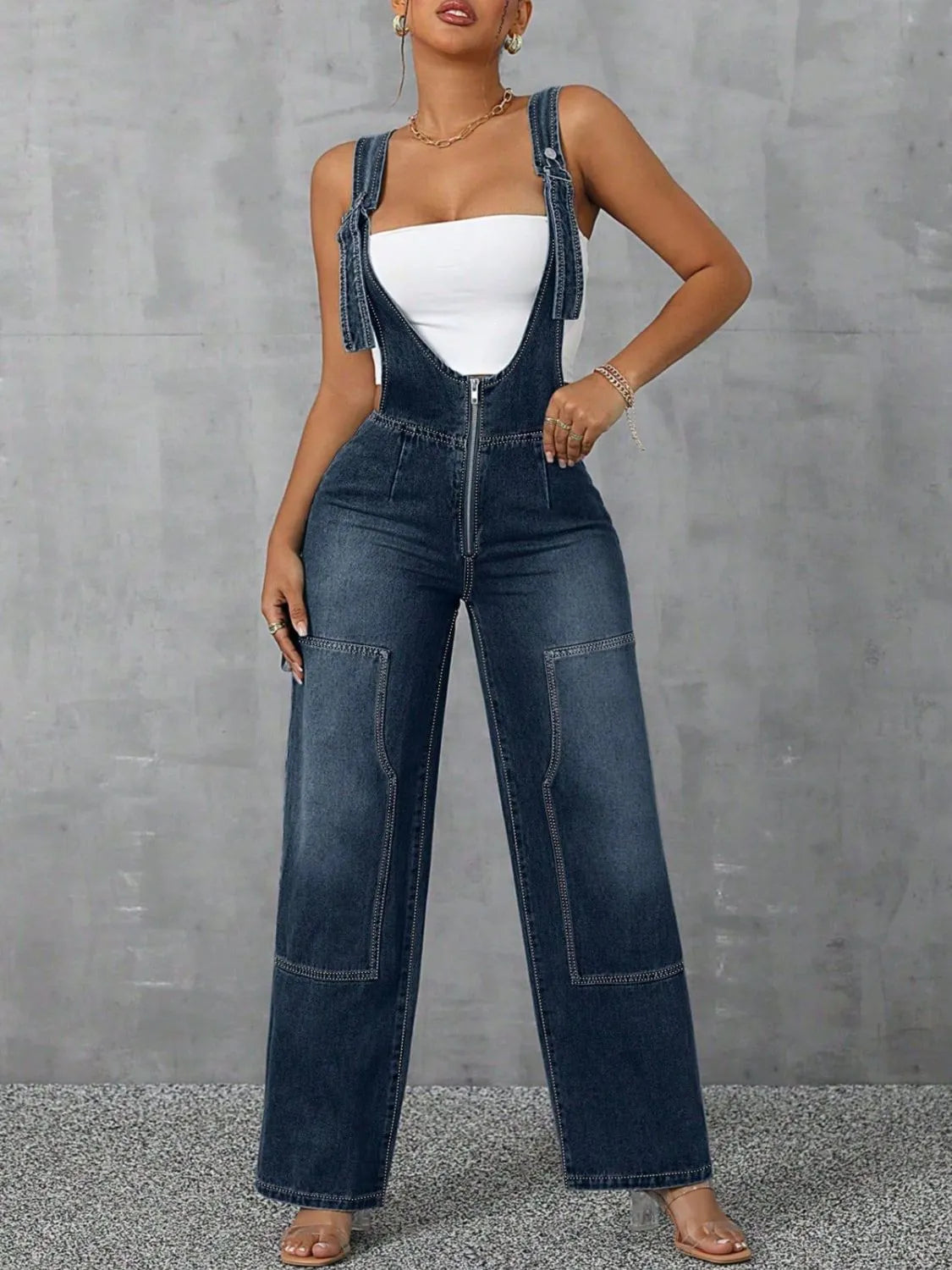 Zip Front Wide Strap Denim Overalls