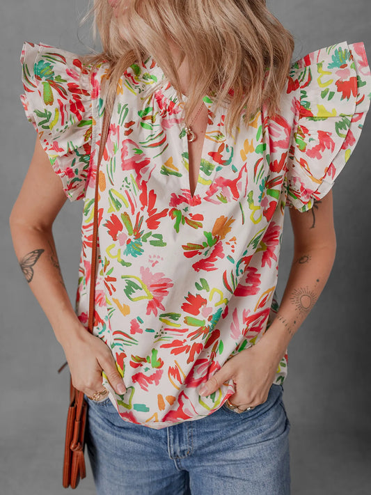 Multicolour Floral Printed Cap Sleeve Split Neck Blouse