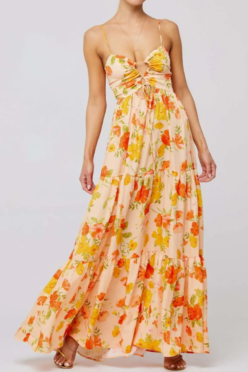 Floral Print Tie Front Tiered Maxi Dress
