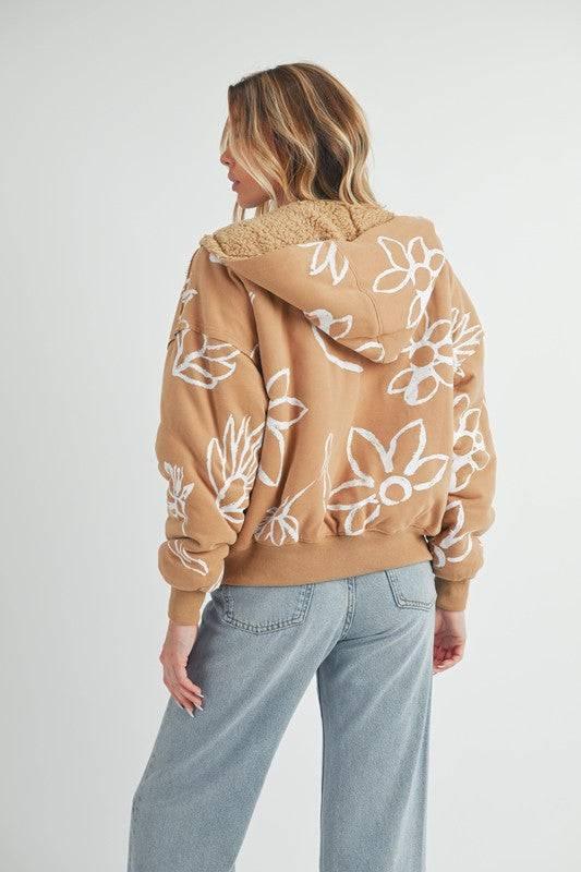 Aemi + Co Flower Print Zip Up Sherpa Hoodie