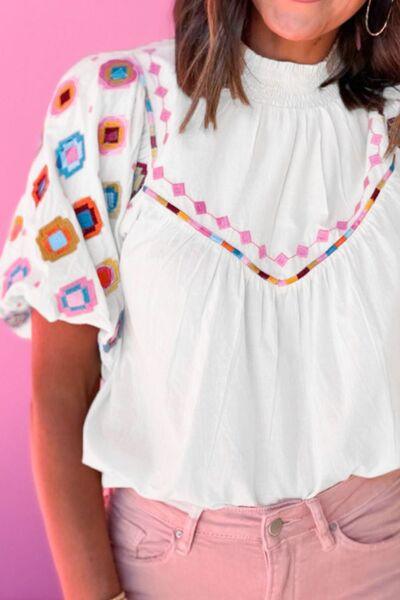 Smocked Neck Embroidered Puff Sleeve Top