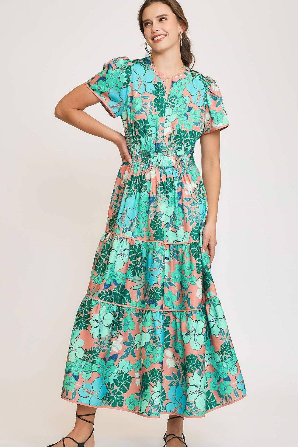 Umgee Full Size Printed Notched Short Sleeve Tiered Dress Plus Size - Clothes For Her Online Store