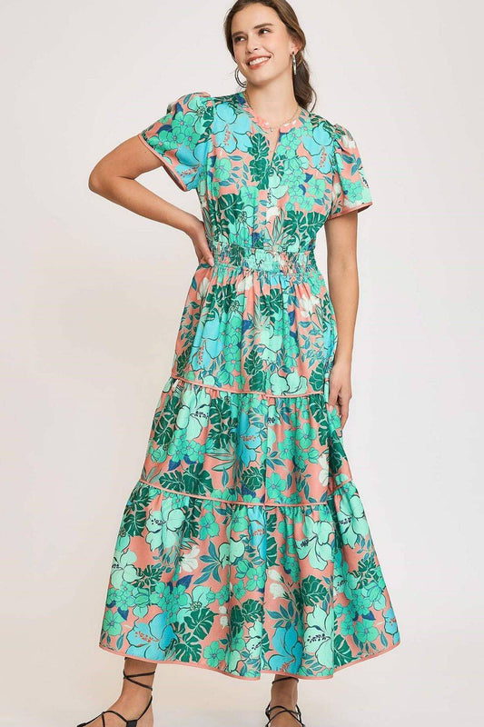 Umgee Full Size Printed Notched Short Sleeve Tiered Dress Plus Size - Clothes For Her Online Store
