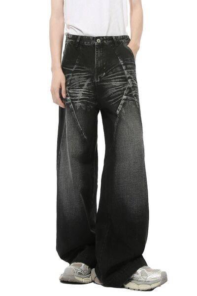 Washed Cat Whisker Straight Leg Jeans - Clothes For Her Online Store