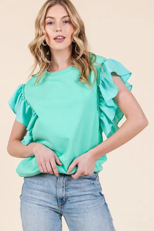 Lime 'N' Chili Solid Shoulder Ruffle Detail Round Neck Top