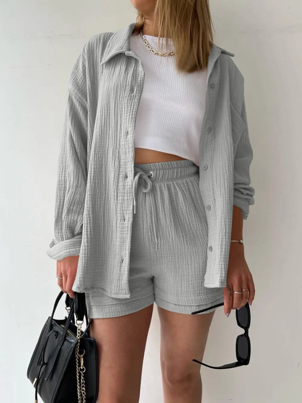Texture Button Up Shirt and Drawstring Shorts Set - Clothes For Her Online Store