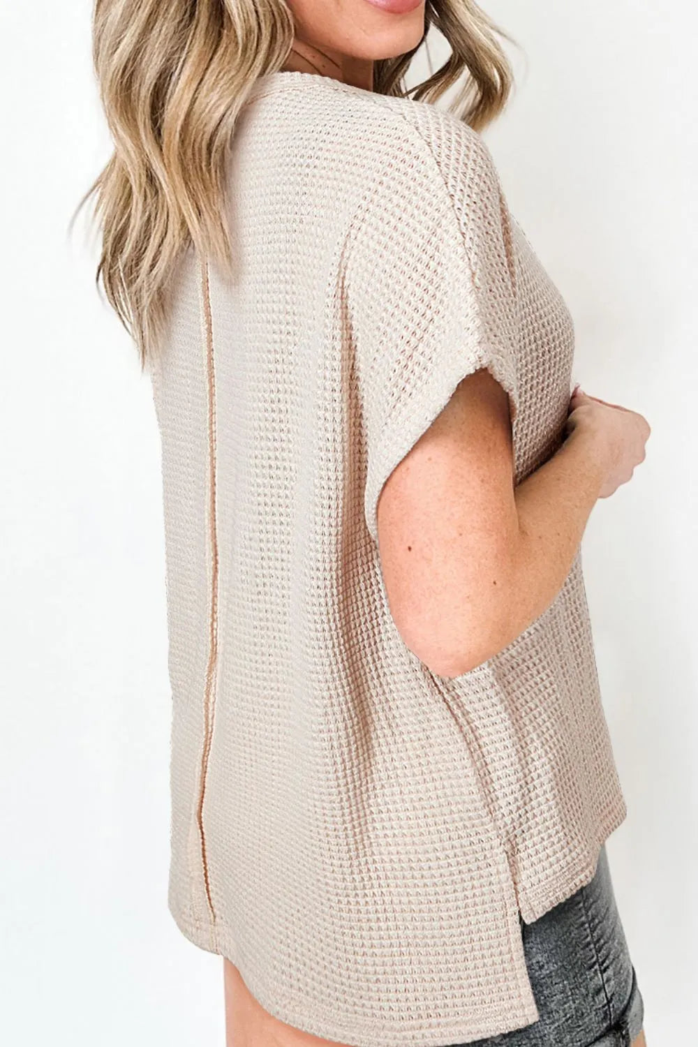 Solid Color Textured Seamed Short Sleeve Top