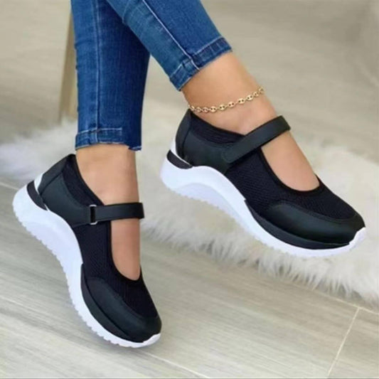 Velcro Strap Round-Toe Wedge Sneakers - Clothes For Her Online Store