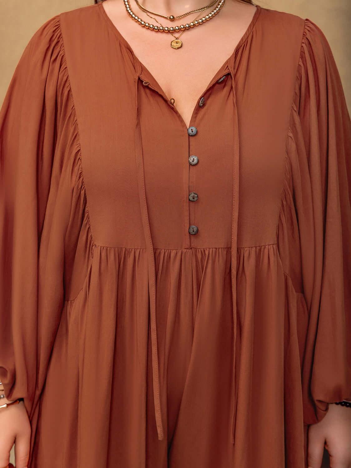 Plus Size Ruched Tie Neck Balloon Sleeve Romper - Clothes For Her Online Store