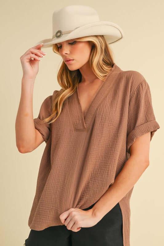 Aemi + Co Side Slit V-Neck Short Sleeve Blouse