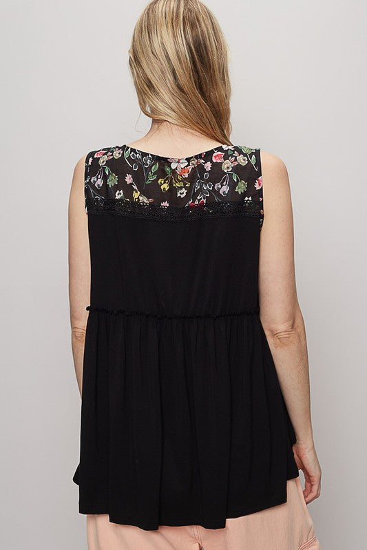 POL Lace Detail Frill Floral V-Neck Sleeveless Top