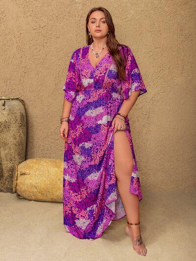 Plus Size Slit Printed Half Sleeve Maxi Dress