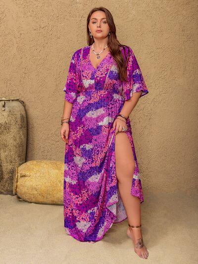 Plus Size Slit Printed Half Sleeve Maxi Dress - Clothes For Her Online Store