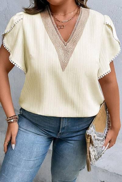 Plus Size V-Neck Petal Sleeve Blouse - Clothes For Her Online Store